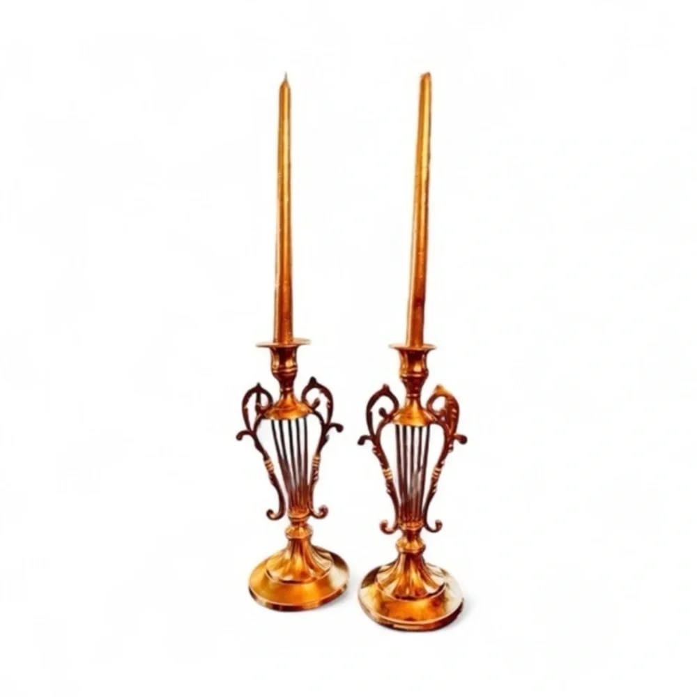 Pair of Lyre Shaped Brass Candle Holders 10-1/8